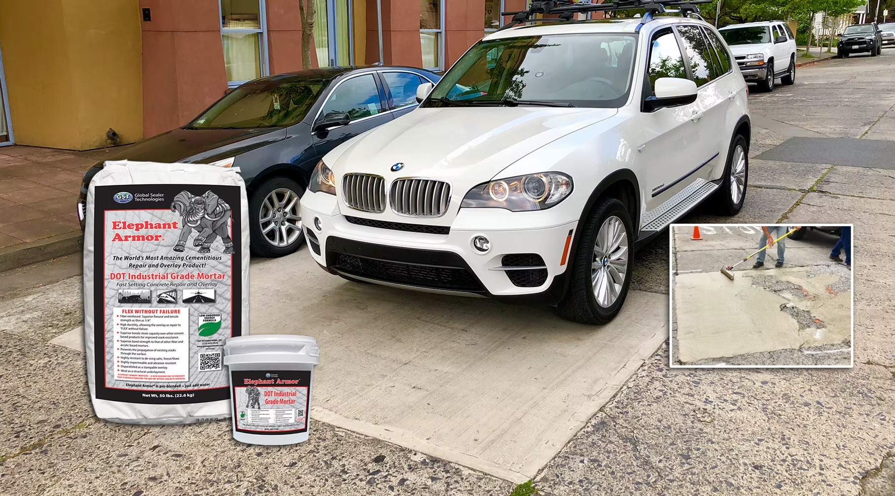 Elephant Armor DOT concrete repair mortar applied on a vehicle surface